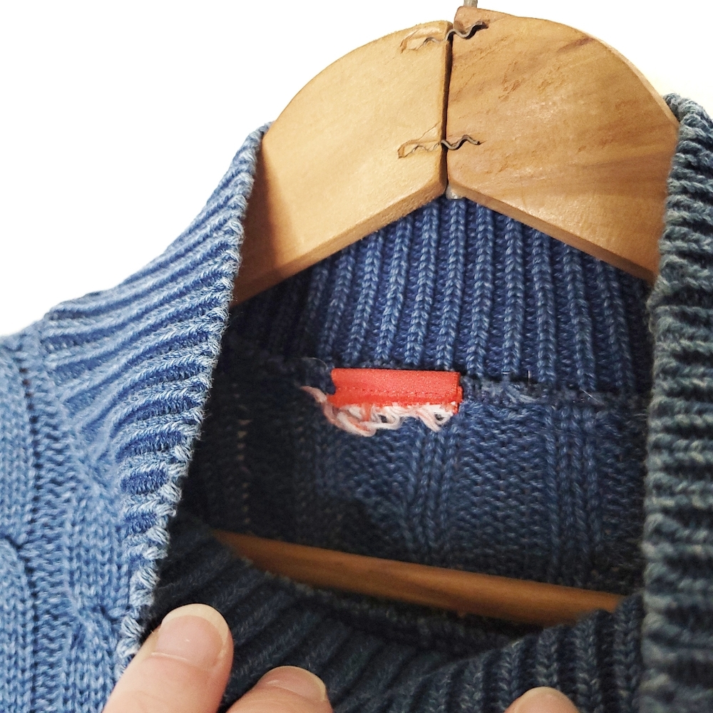 Blue cable knit distressed High mock turtleneck sweater - Picture 6 of 6